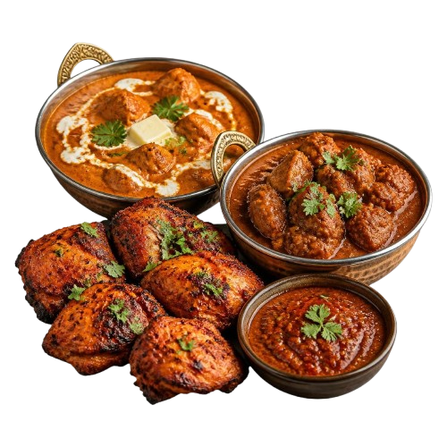 Butter chicken, a chicken curry, tandoori chicken and a bowl of chutney