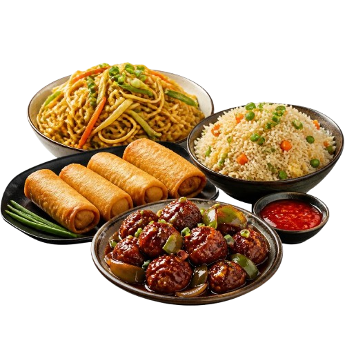 Hakka noodles, fried rice, spring rolls and Manchurian in a spicy sauce