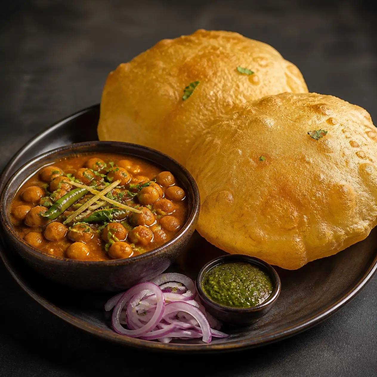 Two puffed bhature beside a bowl of chole
