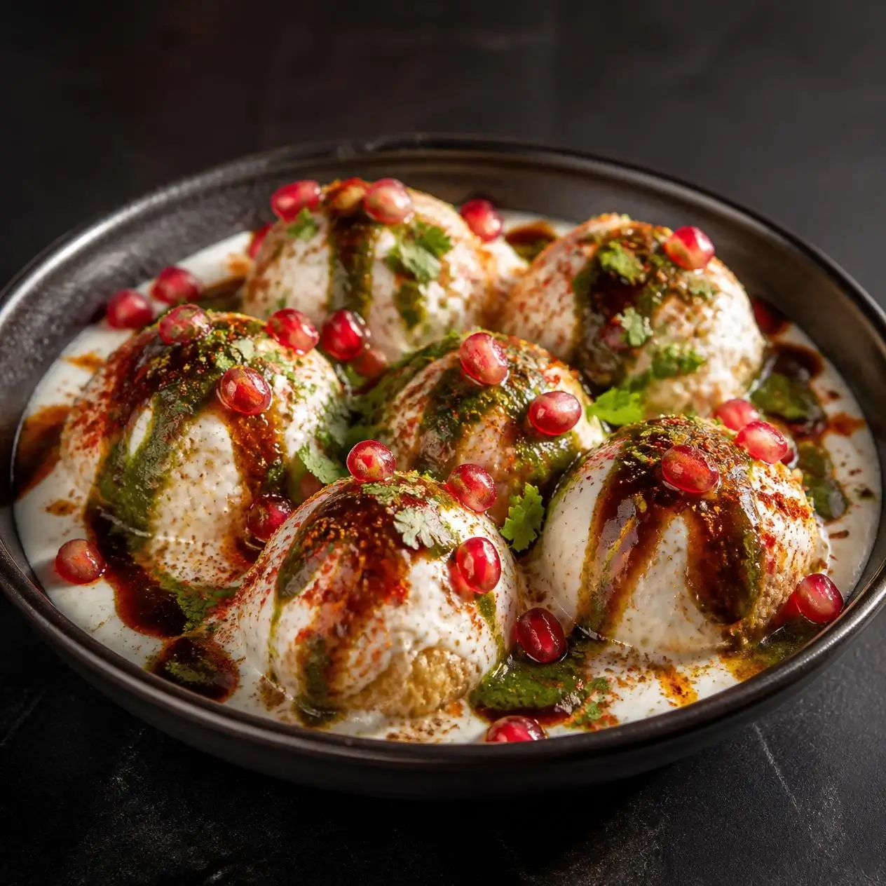 Dahi bhalle in yogurt topped with chutneys, pomegranate and spice