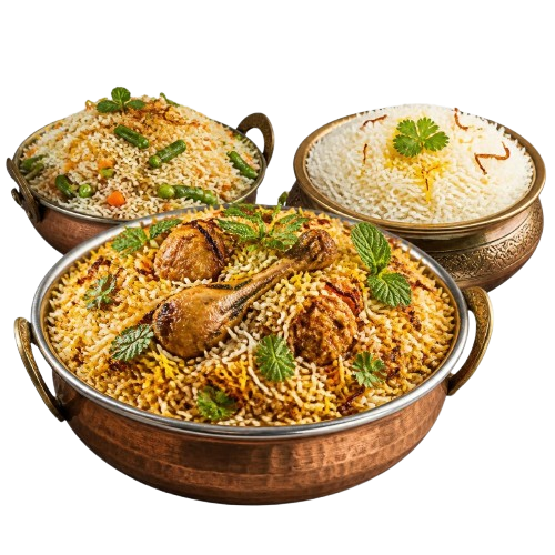 Chicken biryani, vegetable pulao and a bowl of saffron rice