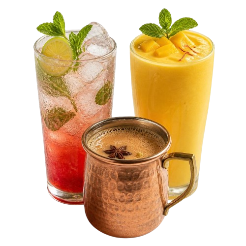 A mojito, a mango milkshake and a copper mug of masala chai