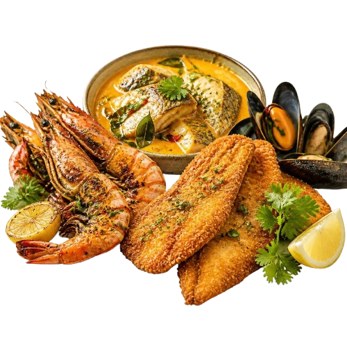 Grilled shrimp, breaded fish fillets, mussels and a bowl of fish curry