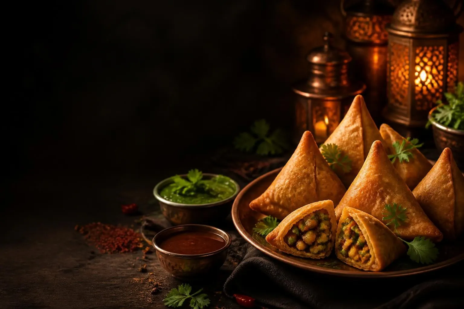 Golden samosas on a copper plate with green and tamarind chutney