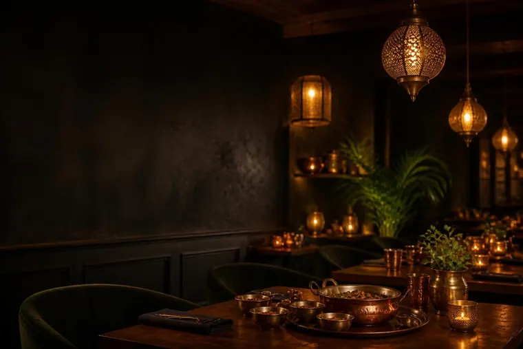 Warm, low-lit dining room with brass lamps and set tables