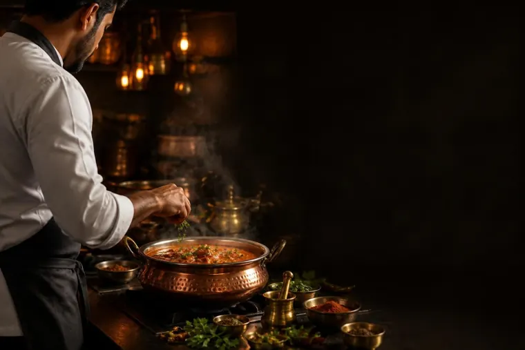 A chef stirring a copper pot of curry in the kitchen