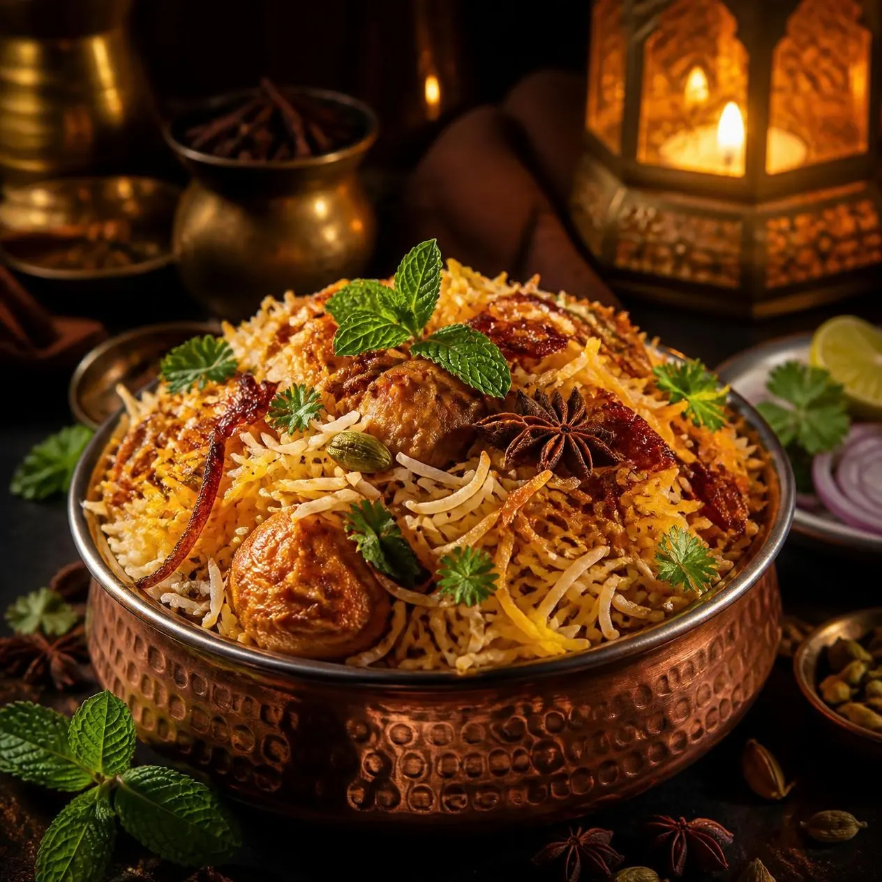 Biryani in a hammered copper pot with mint, fried onion and whole spices