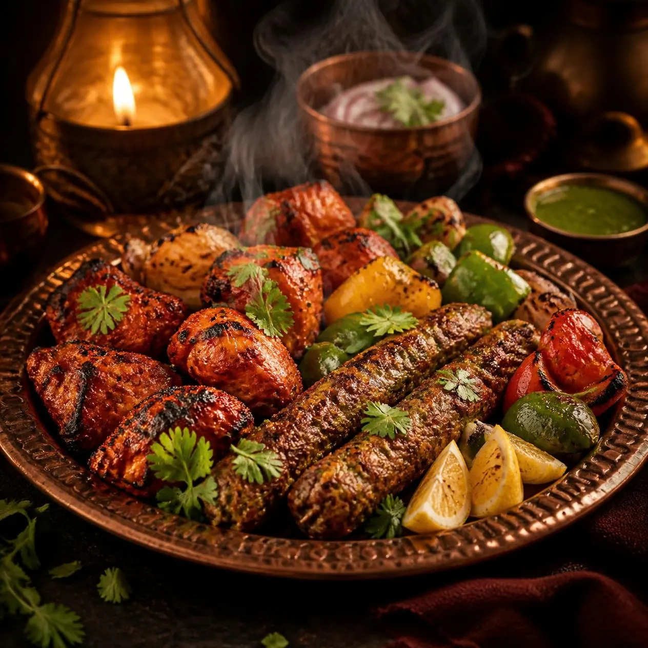 Tandoori chicken, seekh kabab and grilled vegetables on a copper platter