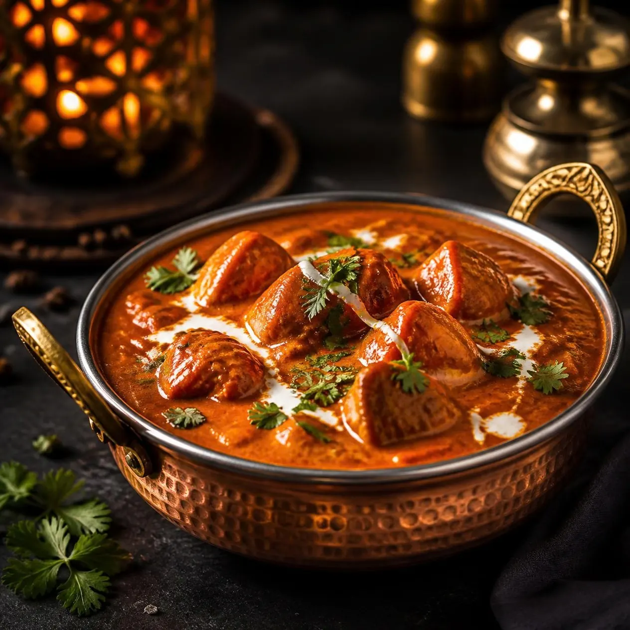 Butter chicken in a copper karahi swirled with cream