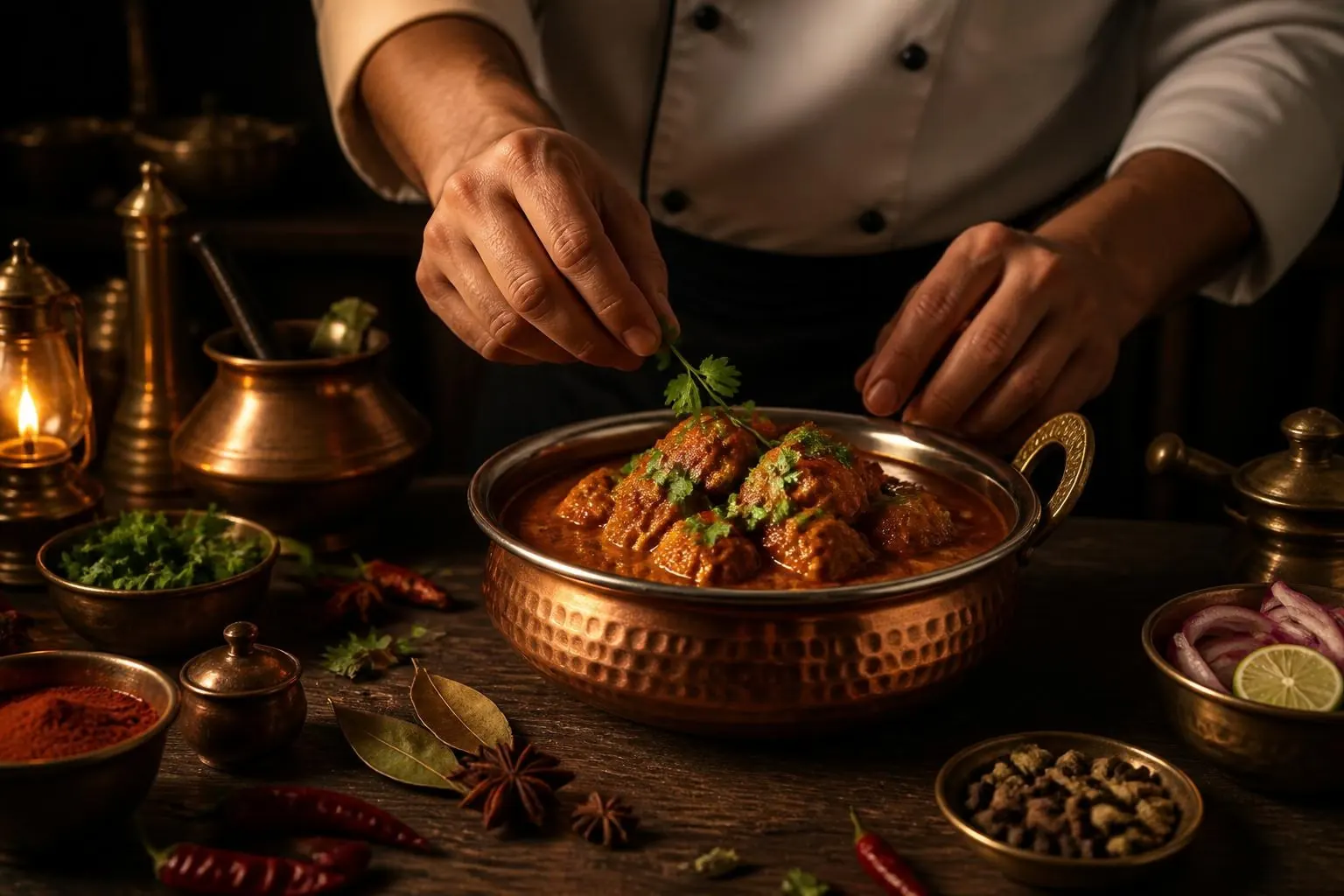 A chef garnishing a copper bowl of curry with coriander