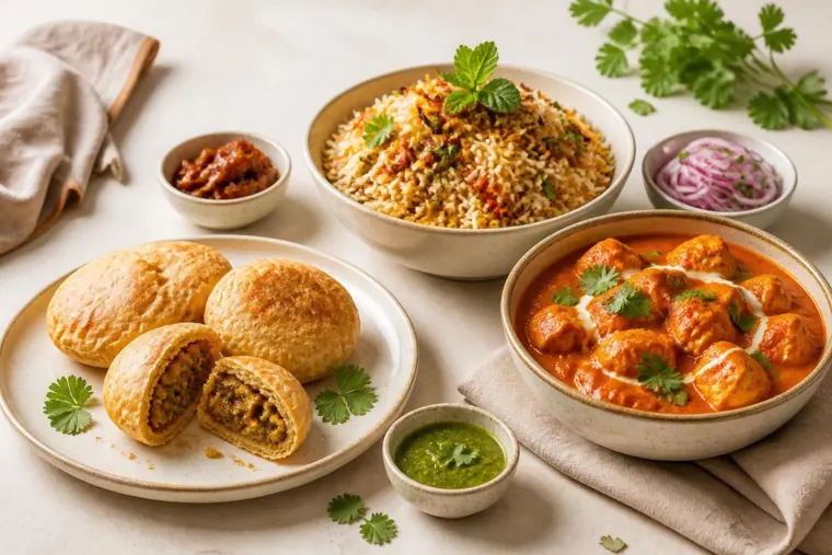 Samosas, biryani and butter chicken served on white plates