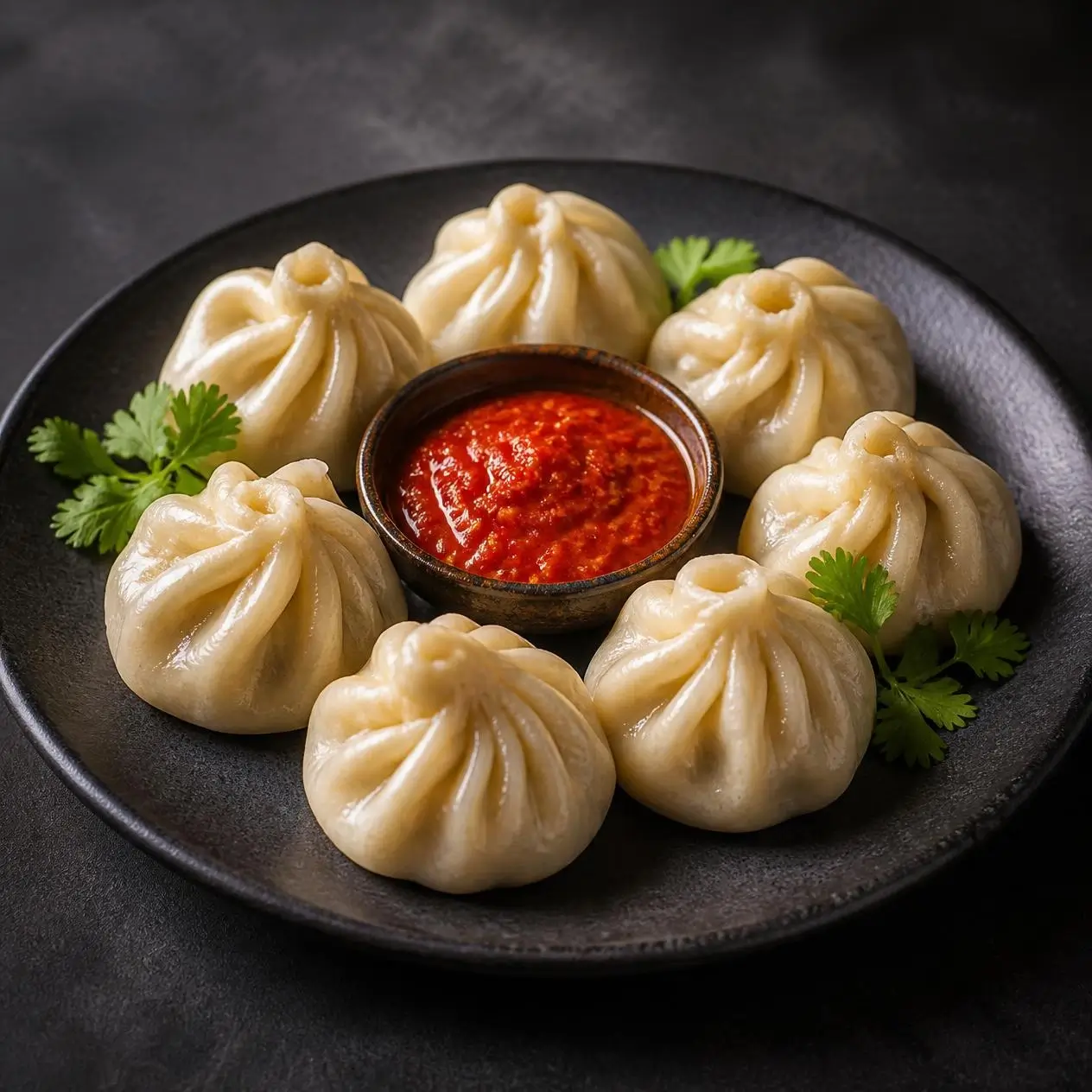 Steamed momos on a blue plate with red chutney