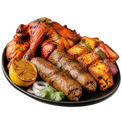 Tandoori chicken, seekh kabab and grilled vegetable skewers