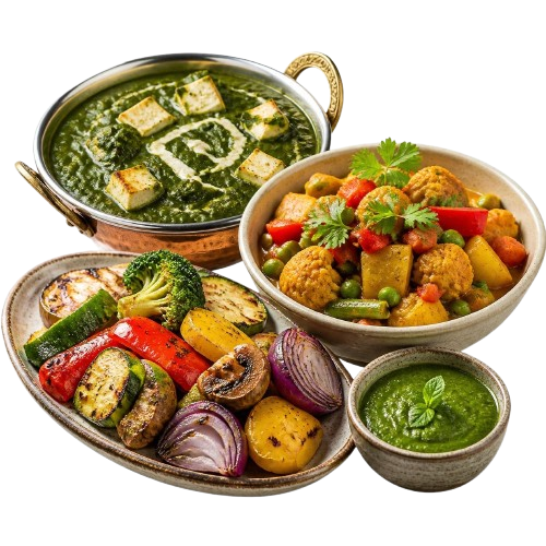 Palak paneer, a mixed vegetable curry and grilled vegetables with green chutney